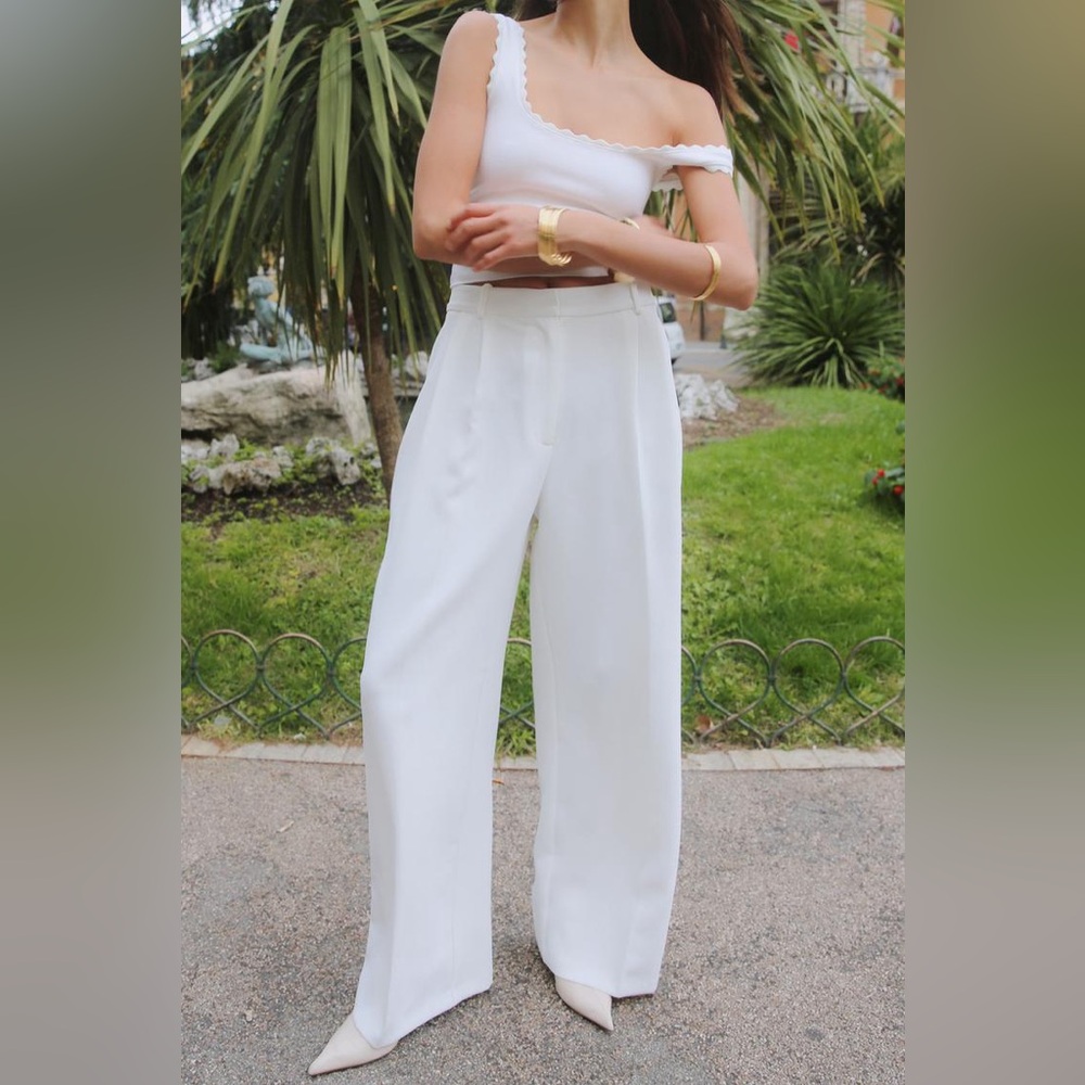 NWT Zara High Waist Wide Leg Pleated Trousers Pants in White Size L - Picture 5 of 11